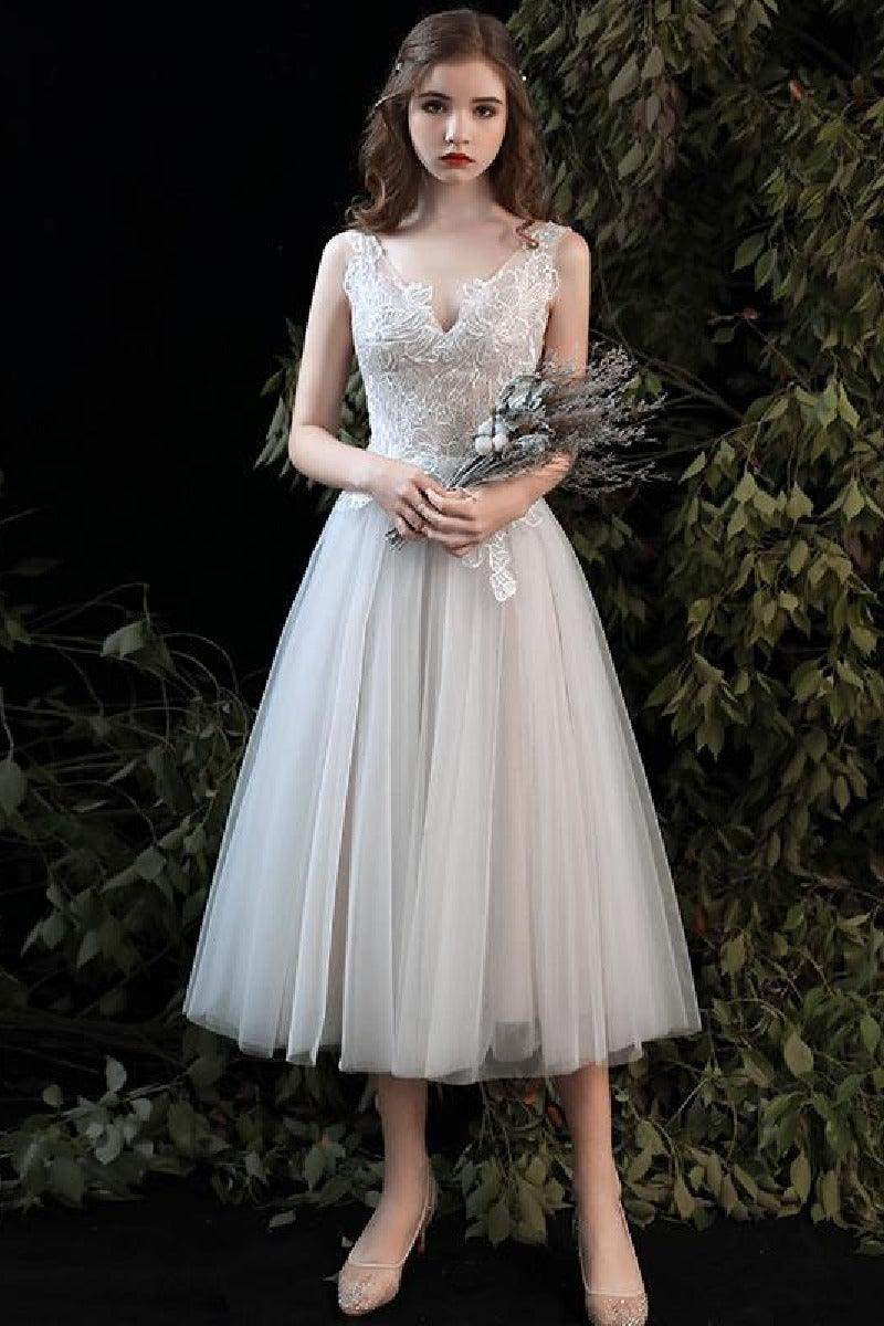 A-Line Tea Length Lace Tulle Wedding Dress 679197245061 - COCOMELODY